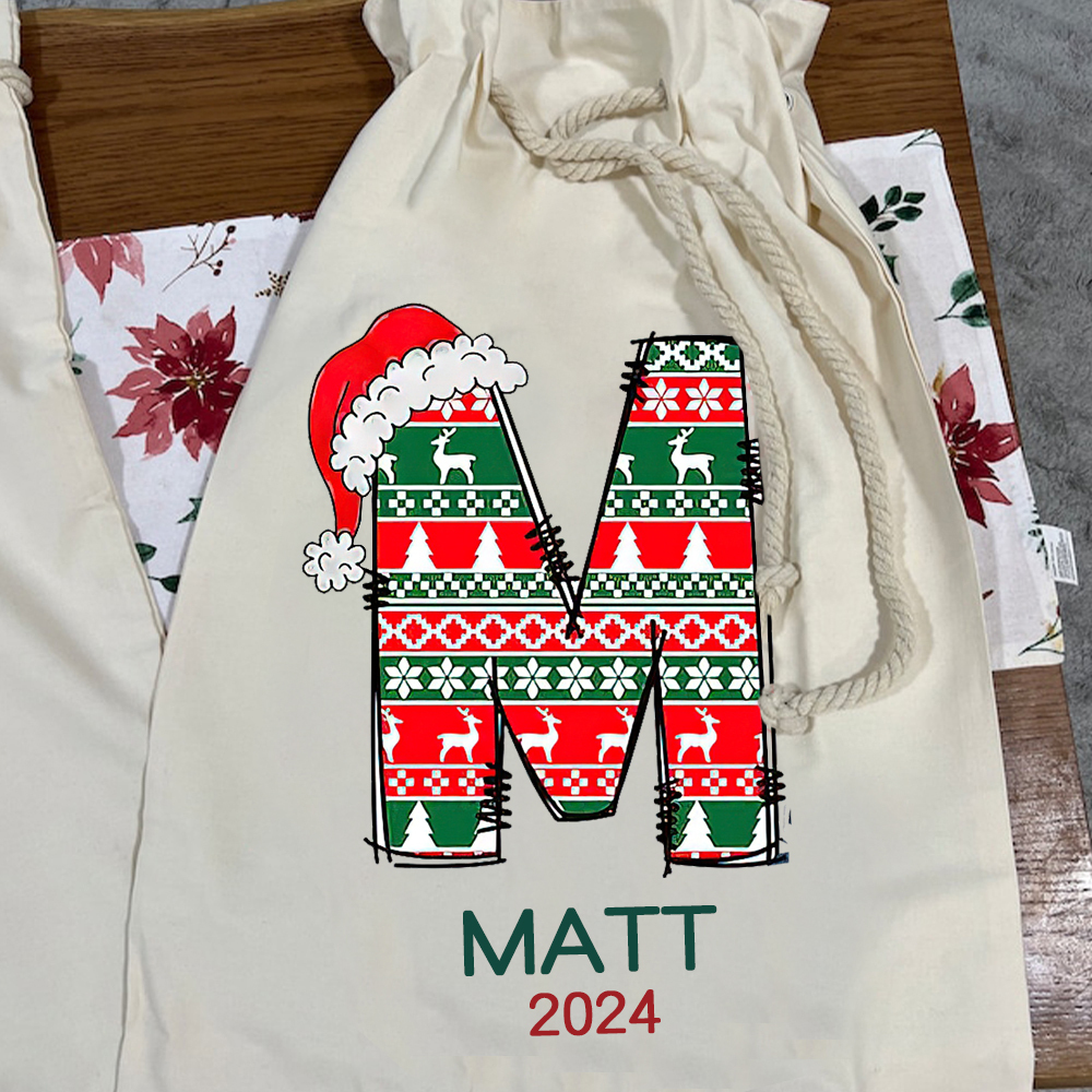 Personalized Christmas Santa Sack, Custom Initial & Name Gift Bag, Holiday Cotton Present Sack for Kids & Adults