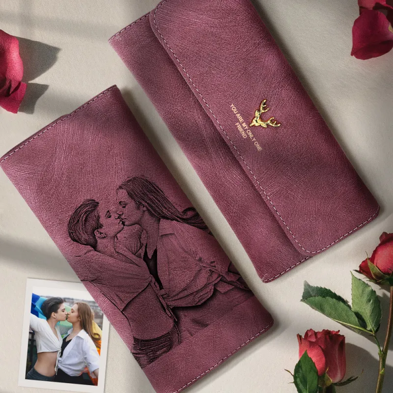 Gifts For LGBT - Custom Photo Engraved Wallet | Women's Long Leather Wallet Valentine's Day
