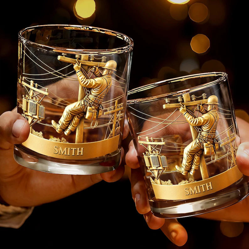 Personalized Lineman Whiskey Glass, Custom Electrician Bourbon Glass, Utility Worker Gift for Men, Power Line Worker Rocks Glass