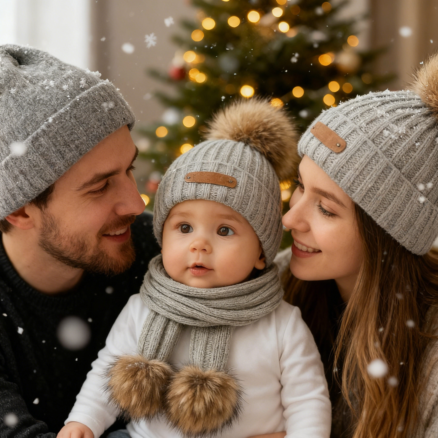 Personalized Family Pom Pom Beanie Set, Custom Name Newborn Baby Kids Toddler Hats, Matching Winter Parent Child Hats