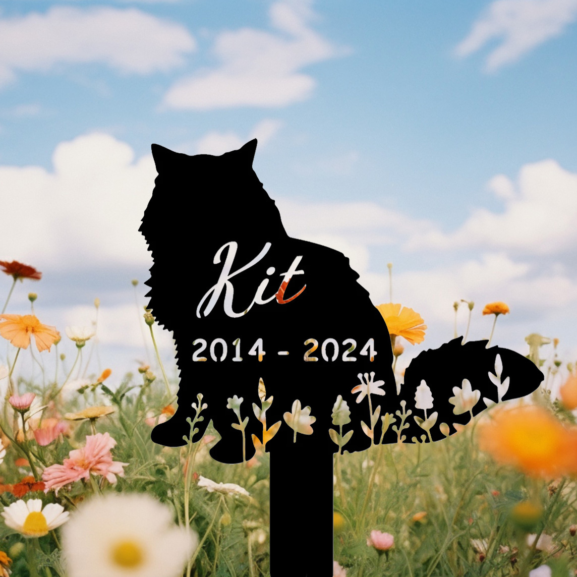 Personalized Metal Cat Grave Marker,Cat Memorial Stake with Flowers,Custom Cat Cemetery Stake