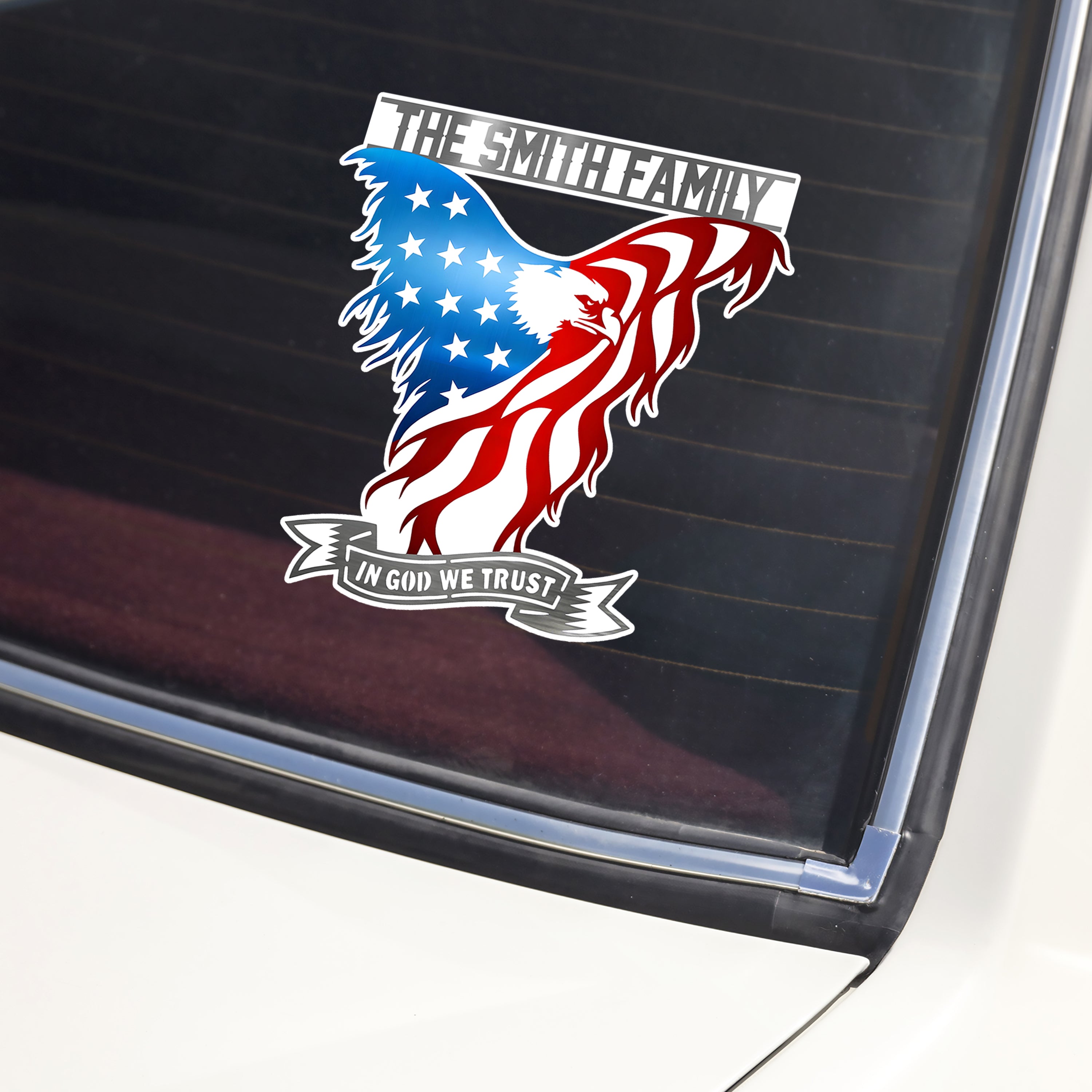 Custom Family Name American Eagle Flag In God We Trust Car Window Decal Sticker LM32 897903