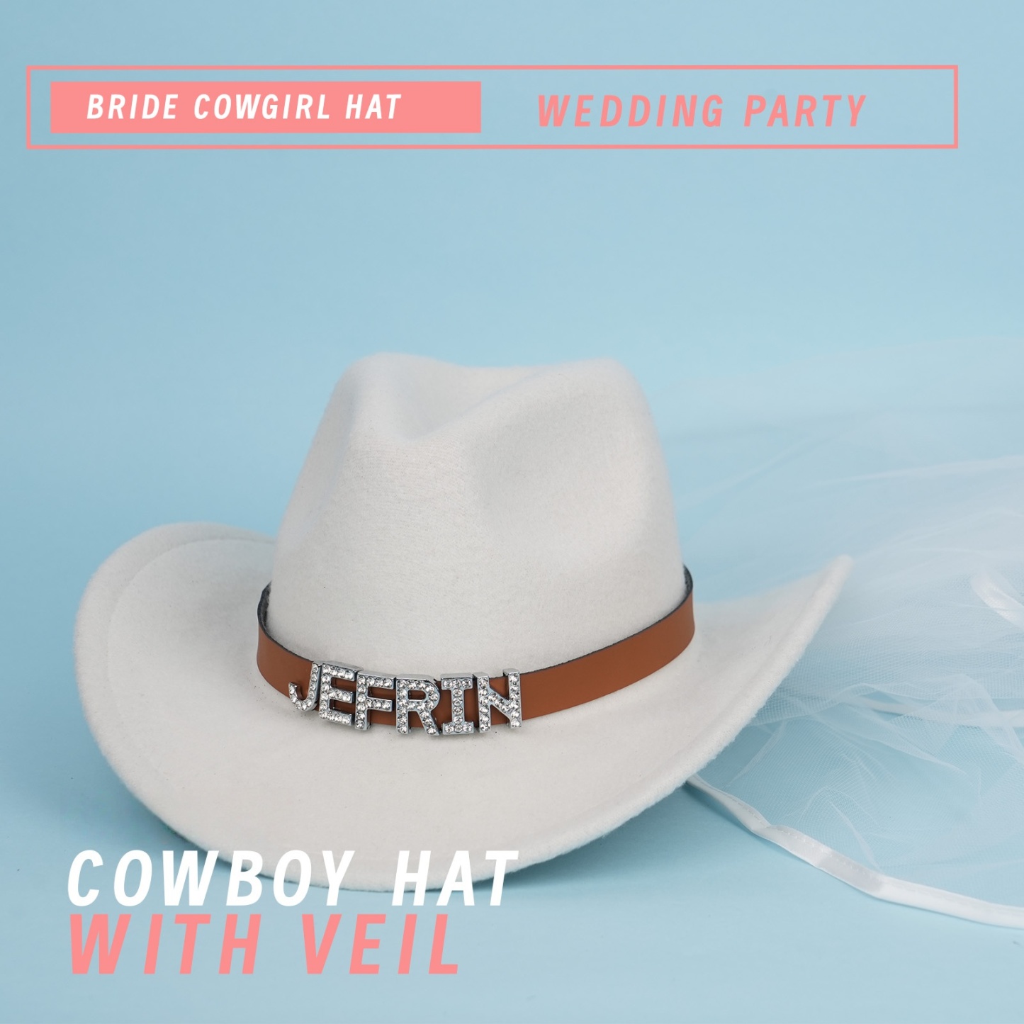 Bride Cowboy Hat with Veil Custom Cowgirl Hats for Women Western Rhinestone Bride Cowgirl Hat Bachelorette Party Accessories