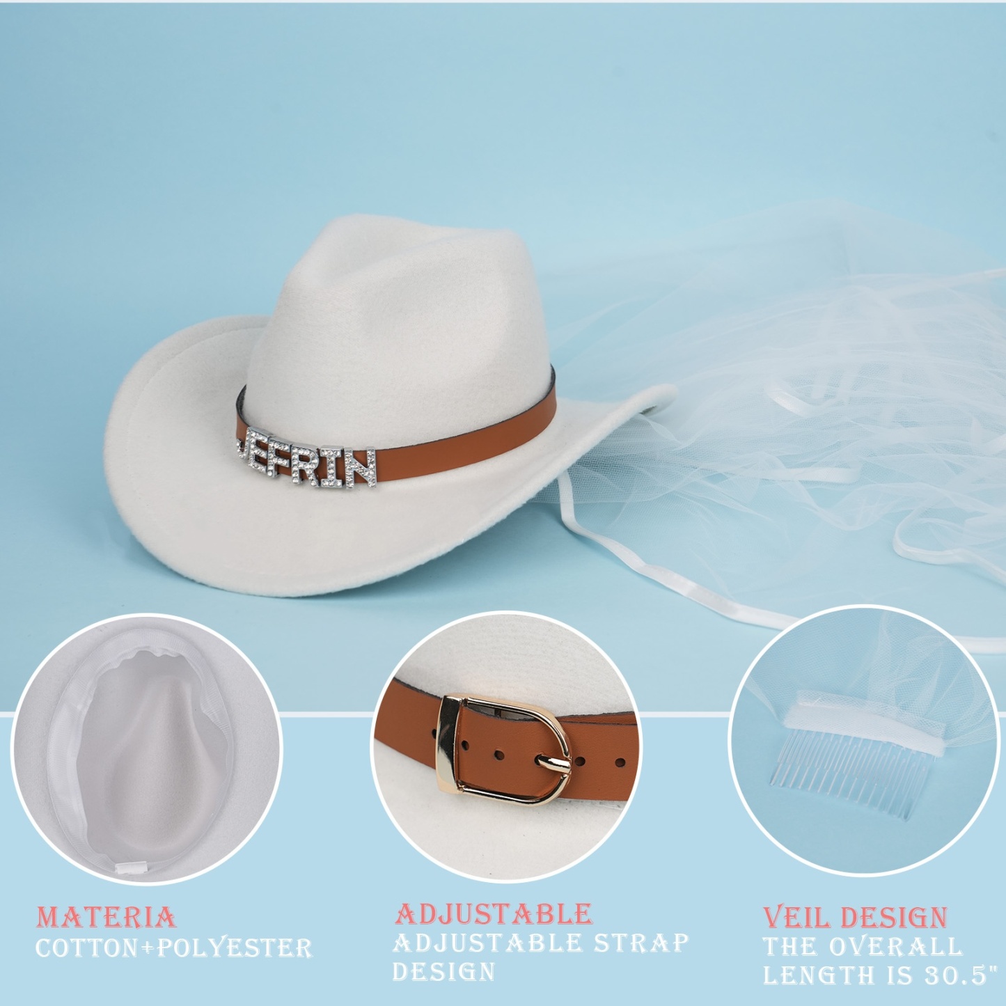 Bride Cowboy Hat with Veil Custom Cowgirl Hats for Women Western Rhinestone Bride Cowgirl Hat Bachelorette Party Accessories