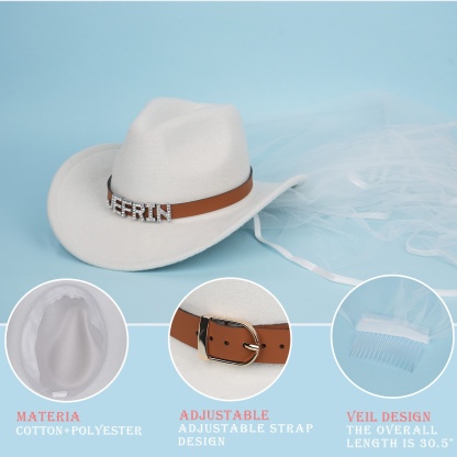 Bride Cowboy Hat with Veil Custom Cowgirl Hats for Women Western Rhinestone Bride Cowgirl Hat Bachelorette Party Accessories
