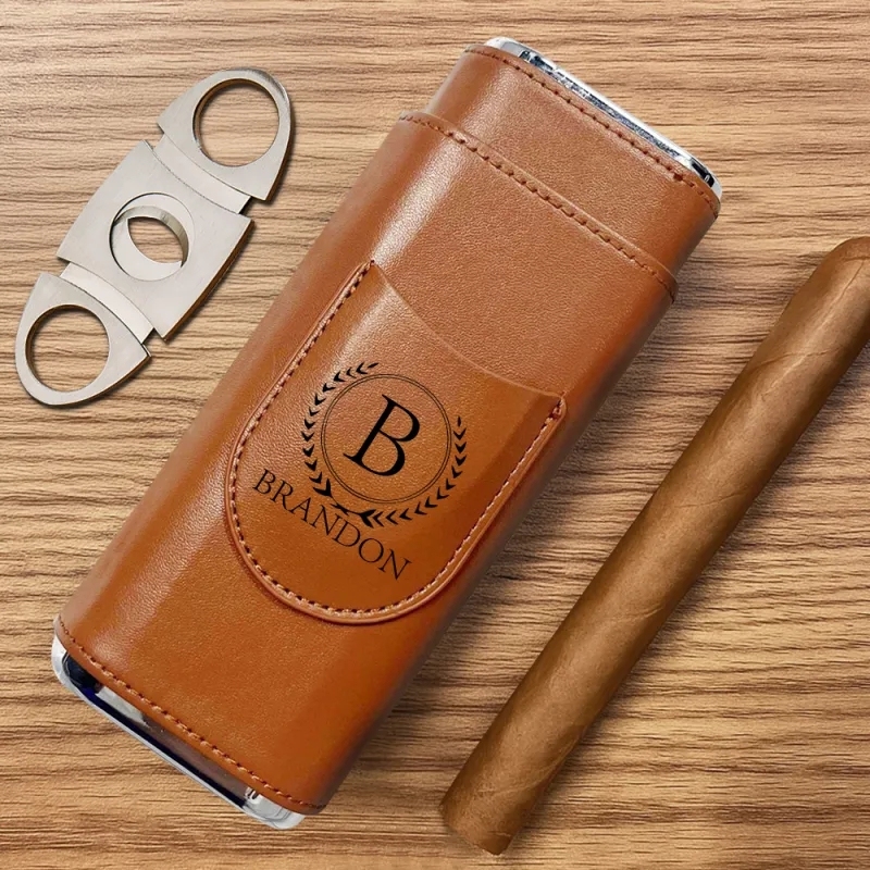 Personalized Cigar Case, Leather Cigar Holder with Cutter, Cigar Travel Case, Groomsmen Gifts, Gift for Dad Husband Gift for Him