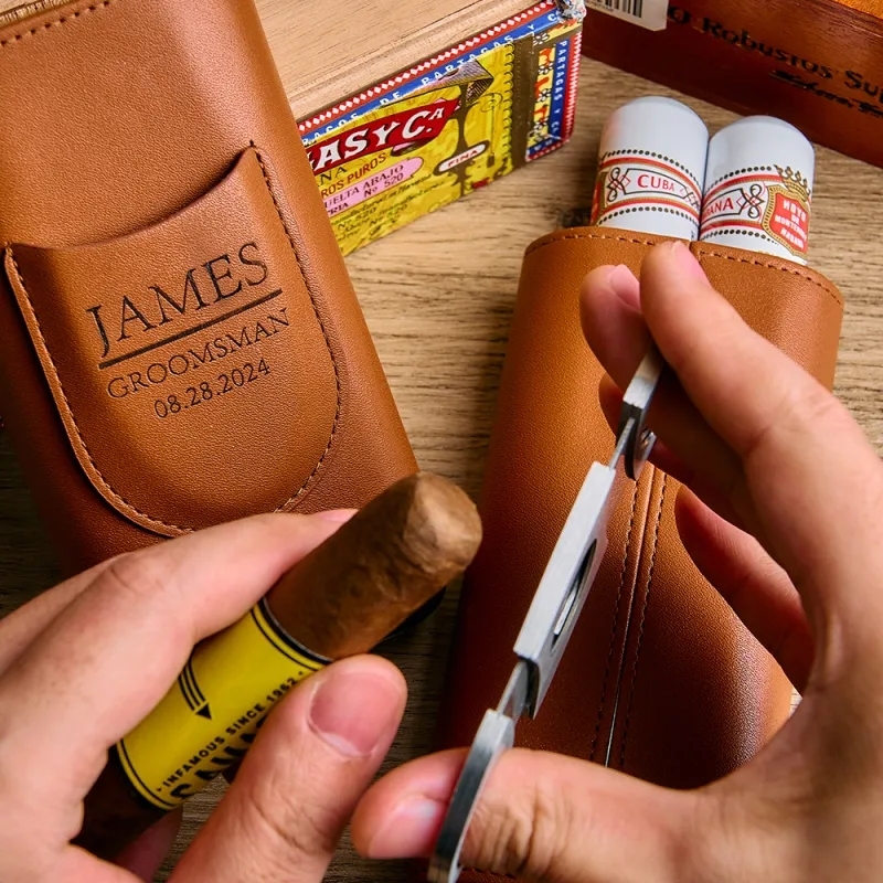 Personalized Cigar Case, Leather Cigar Holder with Cutter, Cigar Travel Case, Groomsmen Gifts, Gift for Dad Husband Gift for Him