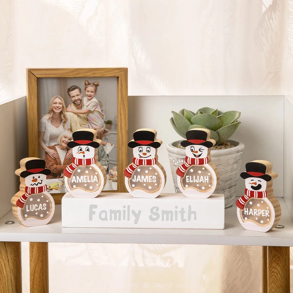 Personalized Snowman Wooden Decoration with LED Light Tabletop Winter Name Block Sign Holiday Party Supplies Christmas Gift for Family Kids