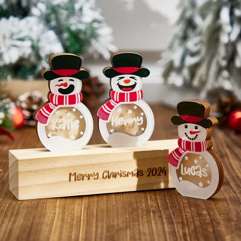 Personalized Snowman Wooden Decoration with LED Light Tabletop Winter Name Block Sign Holiday Party Supplies Christmas Gift for Family Kids