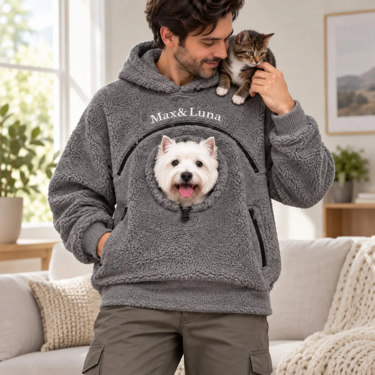 Personalized Pet Carrier Hoodie with Custom Name, Cozy Fleece Dog & Cat Carrying Sweatshirt, Hands-Free Puppy Pouch Hoodie, Small Pet Carrier Jacket, Gift for Pet Lovers
