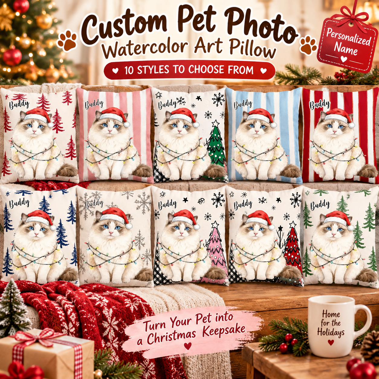 Custom Pet Photo Watercolor Art Christmas Winter Decor Gift - Personalized Pillow