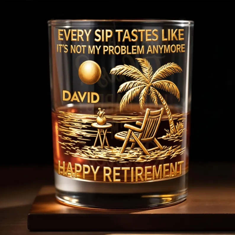 Personalized Retirement Whiskey Glass 2D Flat, Custom Happy Retirement Bourbon Tumbler, Funny Retired Gift for Men Dad Grandpa