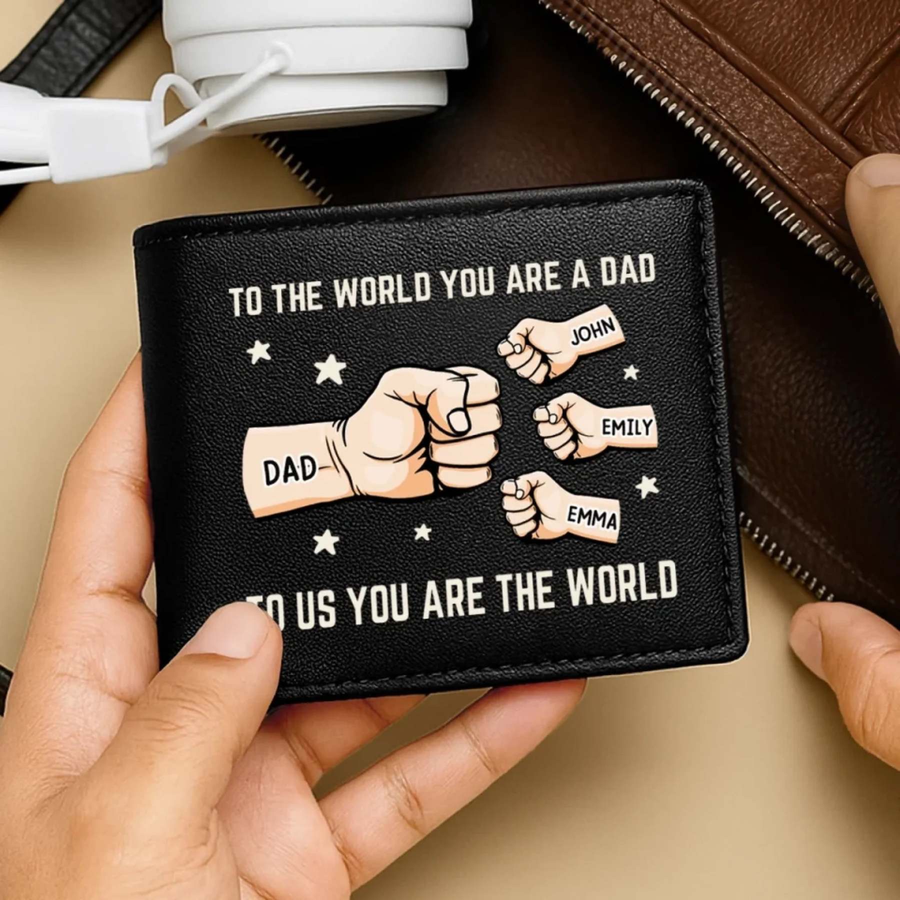 You’re My World, My Heart - Family Personalized Custom Double-Sided Printed Leather Wallet - Father's Day, Gift For Dad, Grandpa