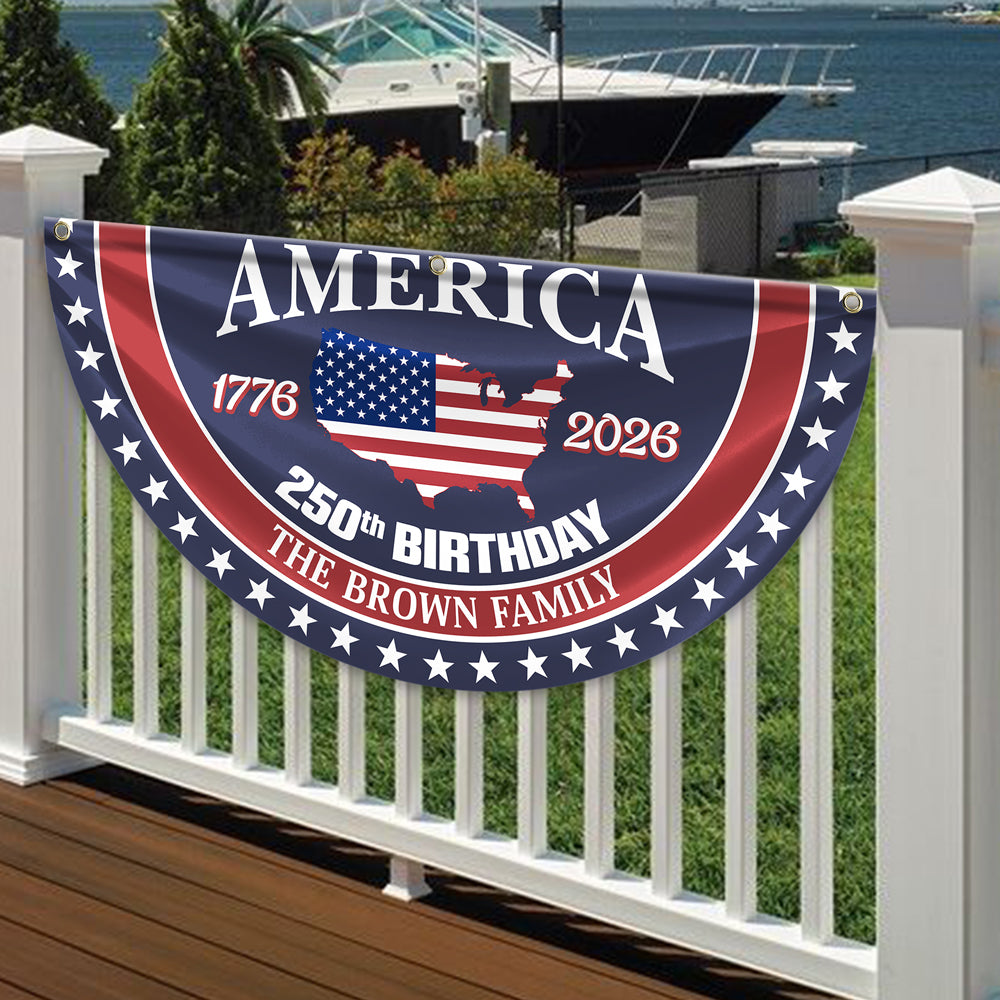 Personalized America 250th Anniversary Bunting Flag Custom Family Name America 250 Birthday 1776-2026 Non-Pleated Fan Flag