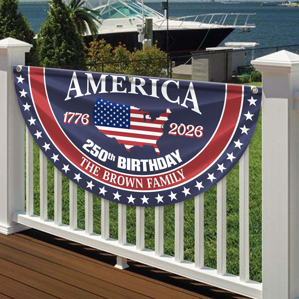 Personalized America 250th Anniversary Bunting Flag Custom Family Name America 250 Birthday 1776-2026 Non-Pleated Fan Flag