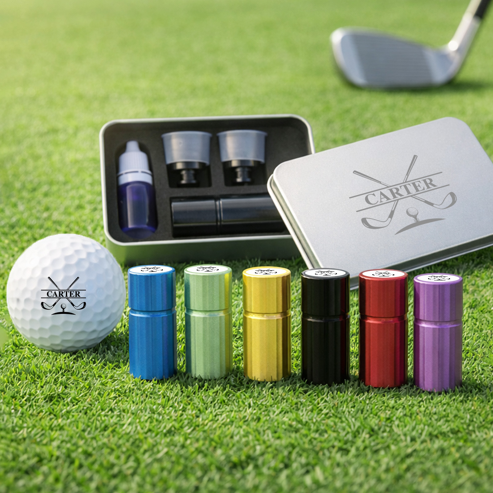 Custom Golf Ball Stamp - Double Sided Personalized 2-in-1 Marker with Name & Icon, Dual Head Reusable Ink Stamper, Water-Proof & Smudge-Free, Ideal Golf Gifts for Men, Dad, Husbands, Golfing Gear