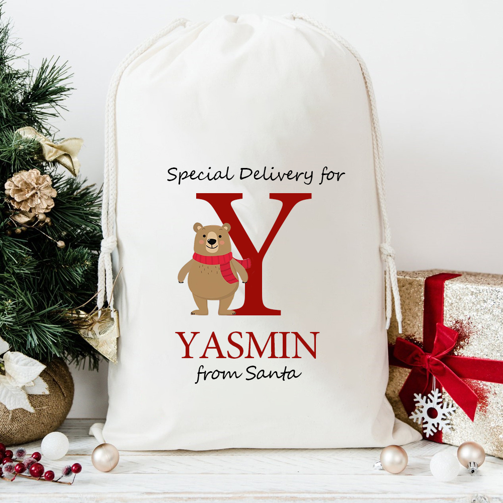 Personalized Christmas Santa Sack with Name & Initial, Custom Cotton Gift Bag with Santa Claus, Holiday Gift Sack