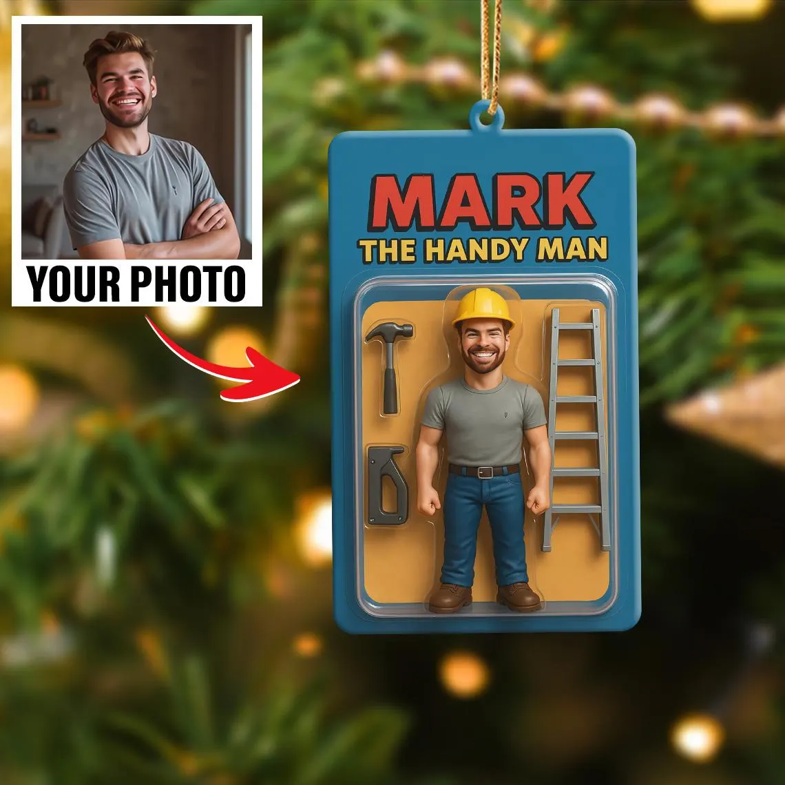 2D Personalized Handyman Photo Ornament, Custom Name Builder Christmas Gift, Mr. Fix It Picture Keepsake, Woodworker Dad Stocking Stuffer