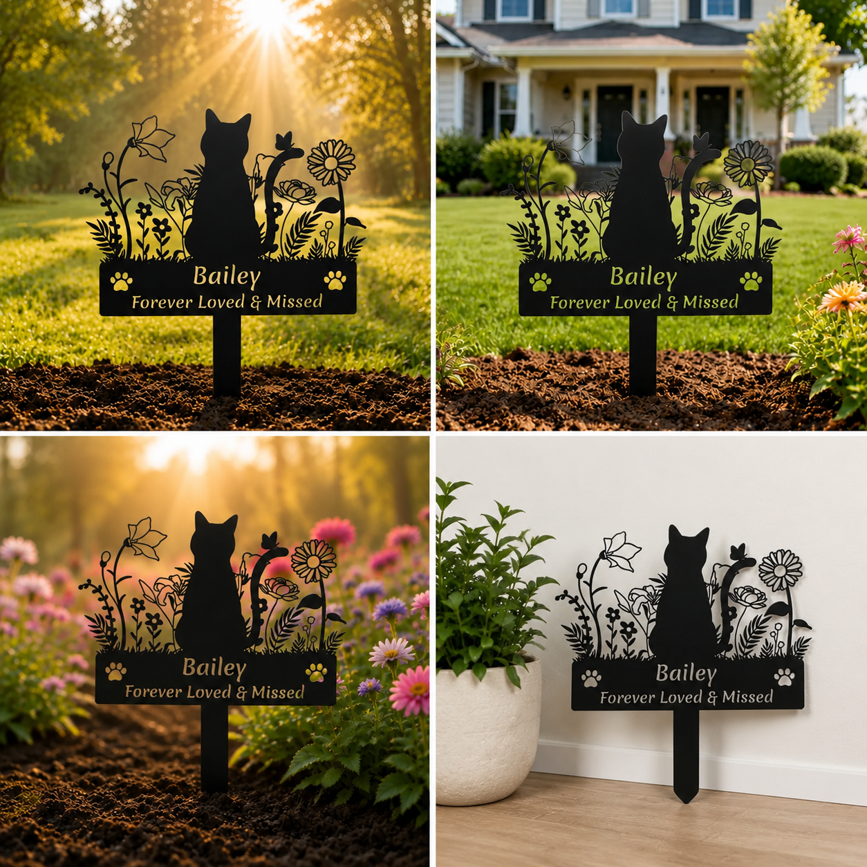 Custom Cat Name Memorial Grave Stake Marker, Personalized Floral Cat Memorial Grave Marker, Customized Flowers Butterfly Cat Memorial Stake Outdoor Metal Grave Plaque Cat Memorial Statue