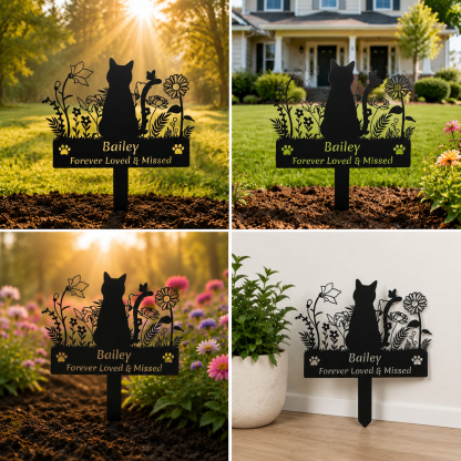 Custom Cat Name Memorial Grave Stake Marker, Personalized Floral Cat Memorial Grave Marker, Customized Flowers Butterfly Cat Memorial Stake Outdoor Metal Grave Plaque Cat Memorial Statue