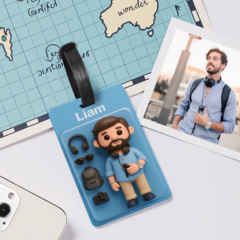 Custom 3D Effect Cartoon Fully Body Character Traveling Luggage Tag with Name and Photo 2D Printing Travel Accessory Birthday Gift for Travel Lover