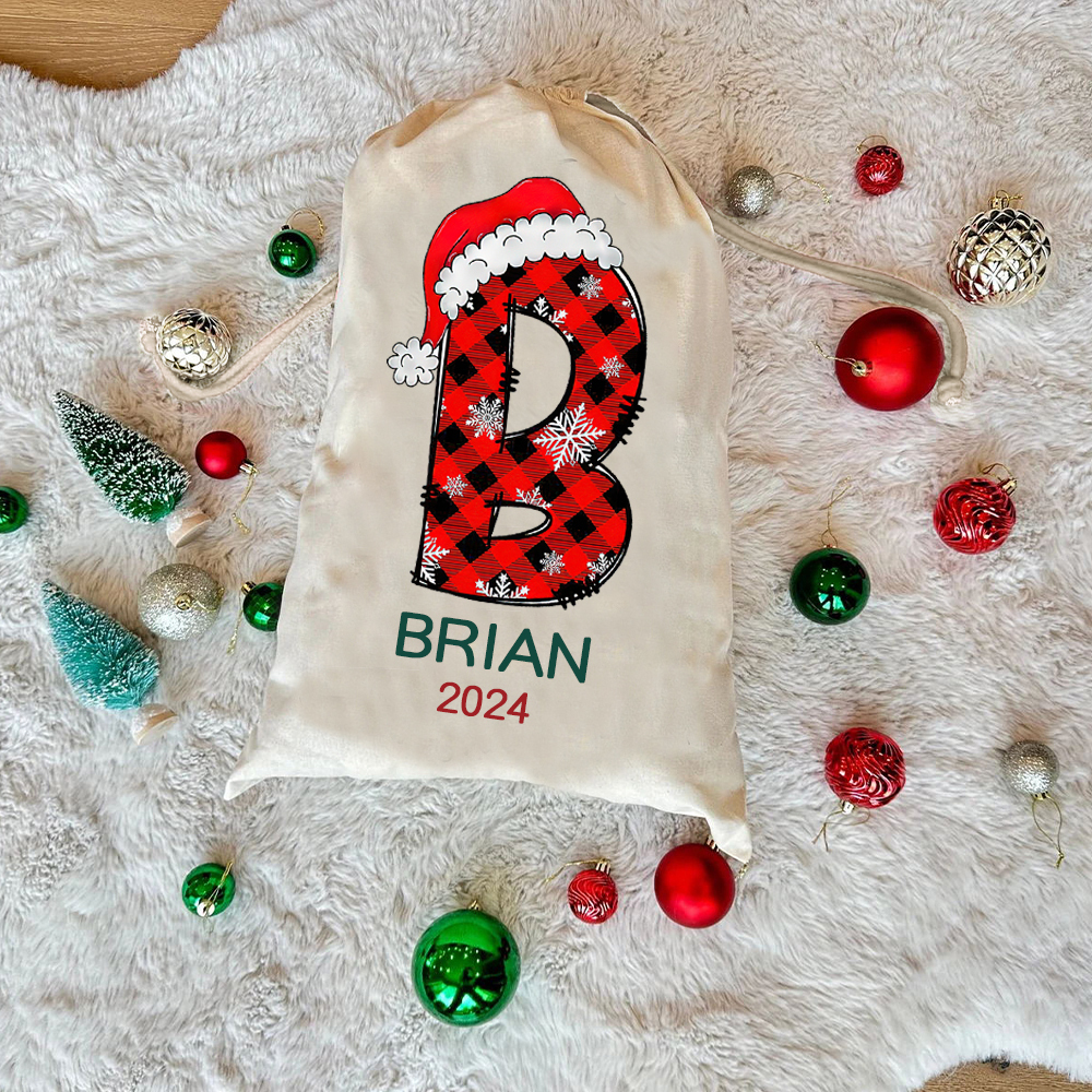 Personalized Christmas Santa Sack, Custom Name & Initial Gift Bag, Reusable Cotton Present Sack for Kids & Adults