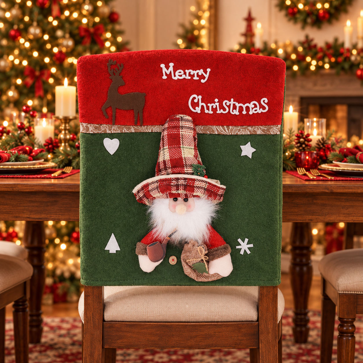 Personalized Christmas Chair Back Cover, Custom Name Santa Hat Slipcover, Gingerbread Gnome Chair Decor, Holiday Gift for Family