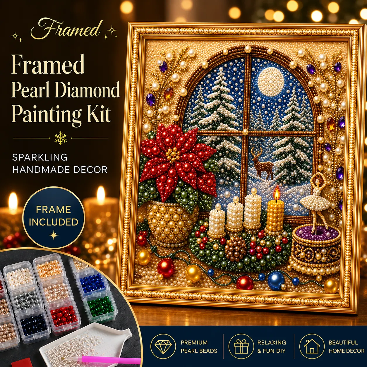 Framed Christmas Hibiscus Snow Scene - Pearls Painting Kit DIY Diamond Painting Pearl Dot Crafts 