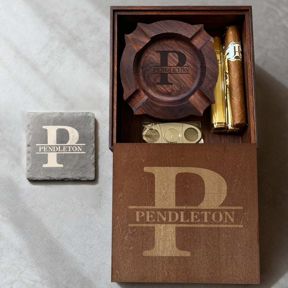 Personalized Name Walnut Cigar Ash Tray Set(Without Cigar)