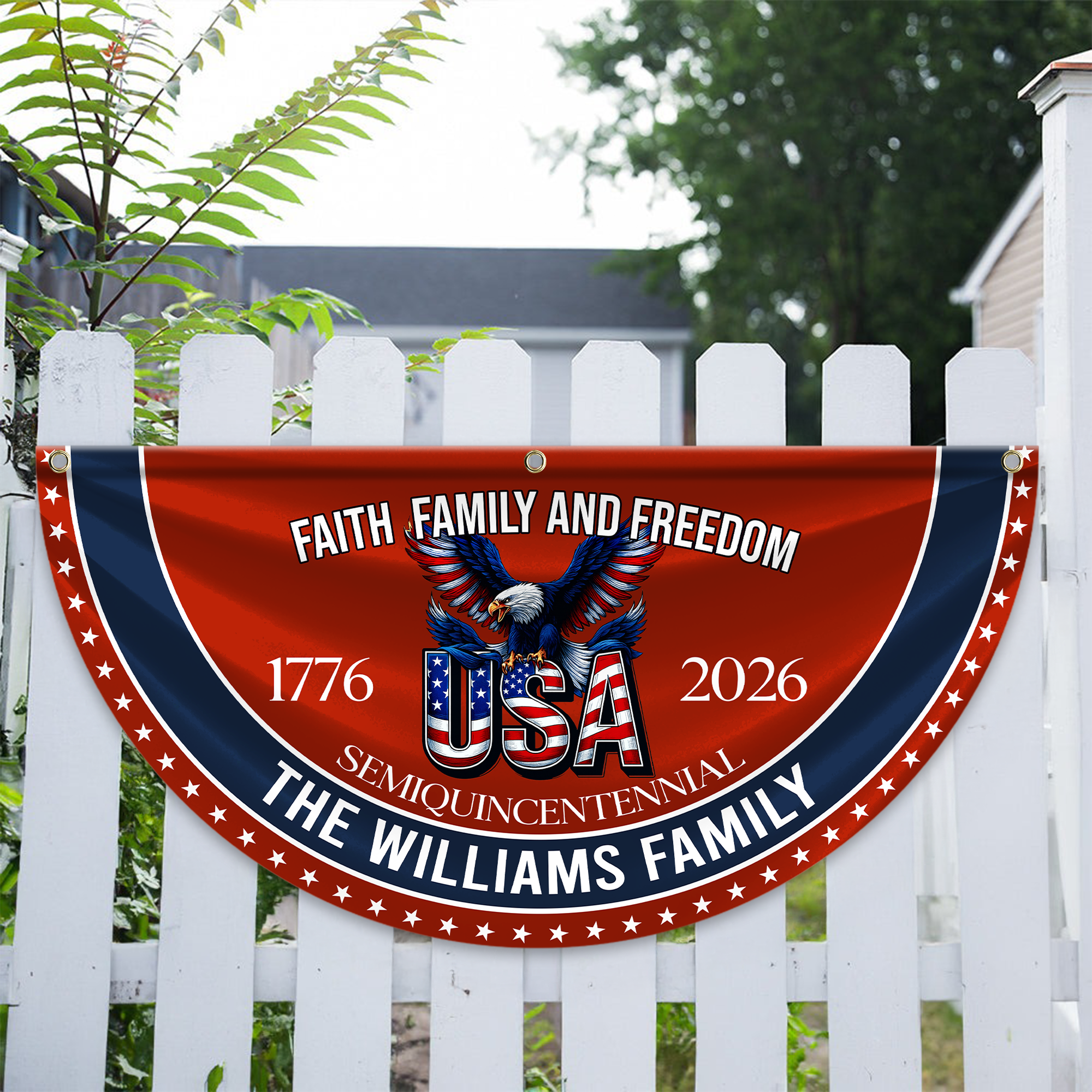 Personalized America 250th Anniversary Bunting Flag Custom Family Name Faith, Family & Freedom America 250 Years Non-Pleated Fan Flag CH07 910236