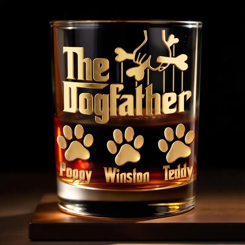 Personalized Dogfather Whiskey Glass, Custom Dog Dad Bourbon Glass, Pet Parent Gift, Dog Lover Whiskey Tumbler with Dog Names