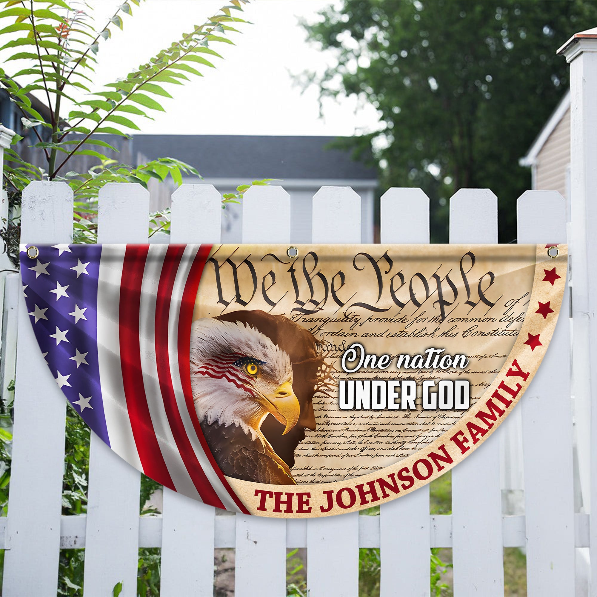 Personalized 250 Years of Freedom America Flag Personalized America 250th Anniversary Bunting Flag Personalized We The People, One Nation Under God, American Eagle Jesus Non-Pleated Fan Flag