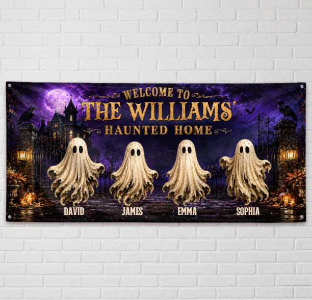 Custom Haunted Home Outdoor Banner - Personalized Halloween Decor Gifts For Mom, Dad, Brother, Sister - Beware Of Our House
