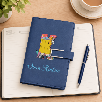 Personalized Yellow Pencil Initial PU Leather A5 Notebook and Pen Set with Name Back to School Teacher's Day Gift for Teacher