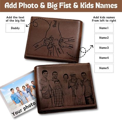 Custom Wallets for Men, Personalized Photo & Name Wallet for Men One Fist Bump Engraved Leather Wallet for Dad Husband Son BF Groomsmen Birthday Anniversary Christmas Father's Day Gifts