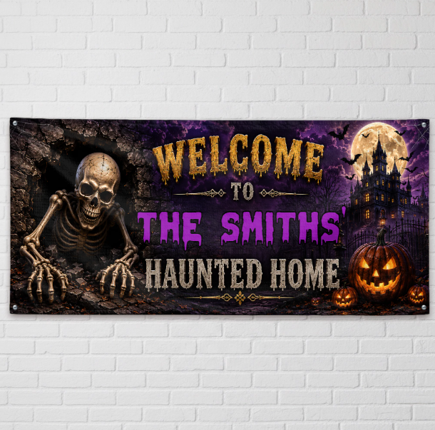 Custom Haunted Home Banner - Personalized Halloween Decor Gifts For Mom, Dad, Brother, Sister - Our Family Is Spooktacular