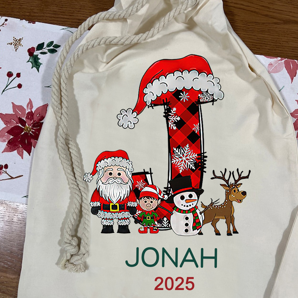 Personalized Christmas Santa Sack with Name & Initial, Custom Gift Bag with Santa Reindeer Snowman, Holiday Present Bag for Kids & Family