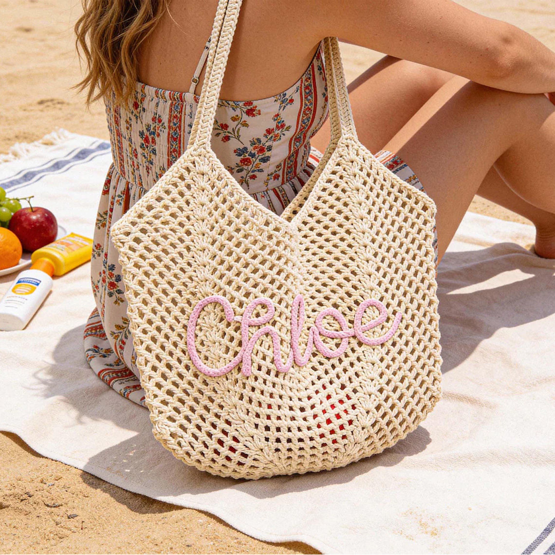 Custom Beach Bags, Personalized Crocheted Bride Tote Beach bags, Beach Vacation Wedding Favours, Mothers Day Gifts, Bridesmaid Gifts