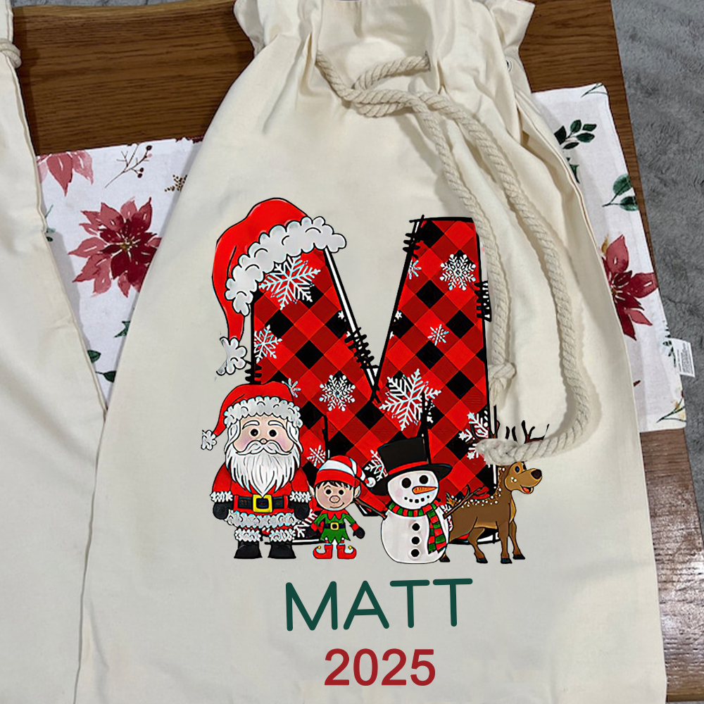 Personalized Christmas Santa Sack with Name & Initial, Custom Gift Bag with Santa Reindeer Snowman, Holiday Present Bag for Kids & Family