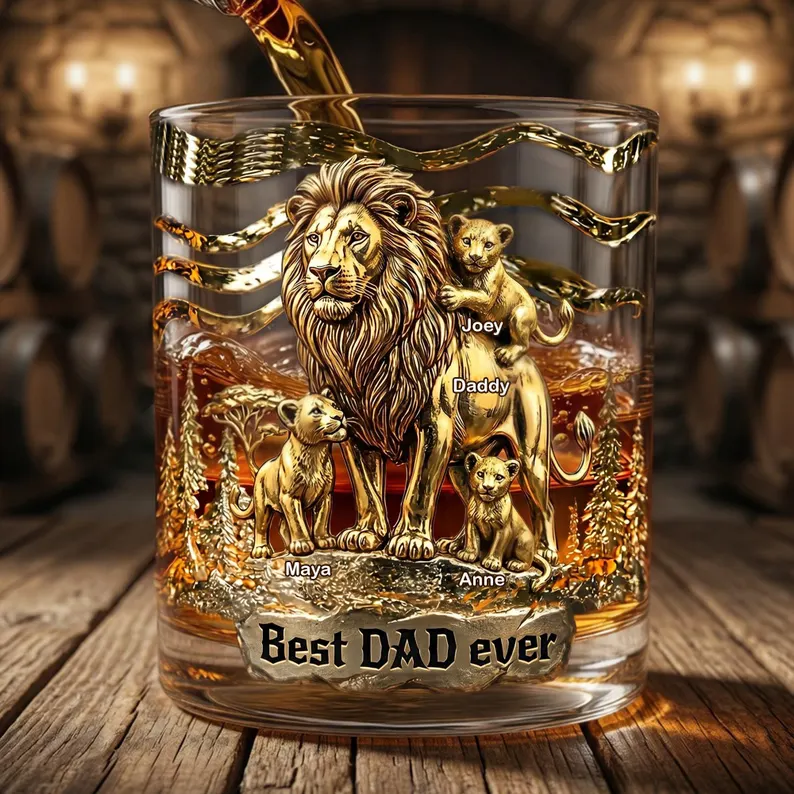 Personalized Lion Dad Whiskey Glass 2d Flat, Custom Family Name Bourbon Tumbler, Best Dad Ever Gift, Father’s Day Scotch Glass for Dad