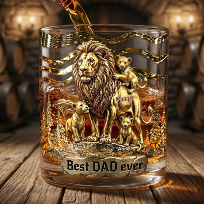 Personalized Lion Dad Whiskey Glass 2d Flat, Custom Family Name Bourbon Tumbler, Best Dad Ever Gift, Father’s Day Scotch Glass for Dad