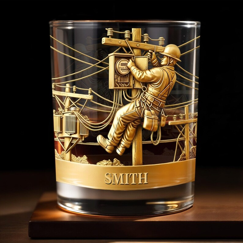 Personalized Lineman Whiskey Glass, Custom Electrician Bourbon Glass, Utility Worker Gift for Men, Power Line Worker Rocks Glass