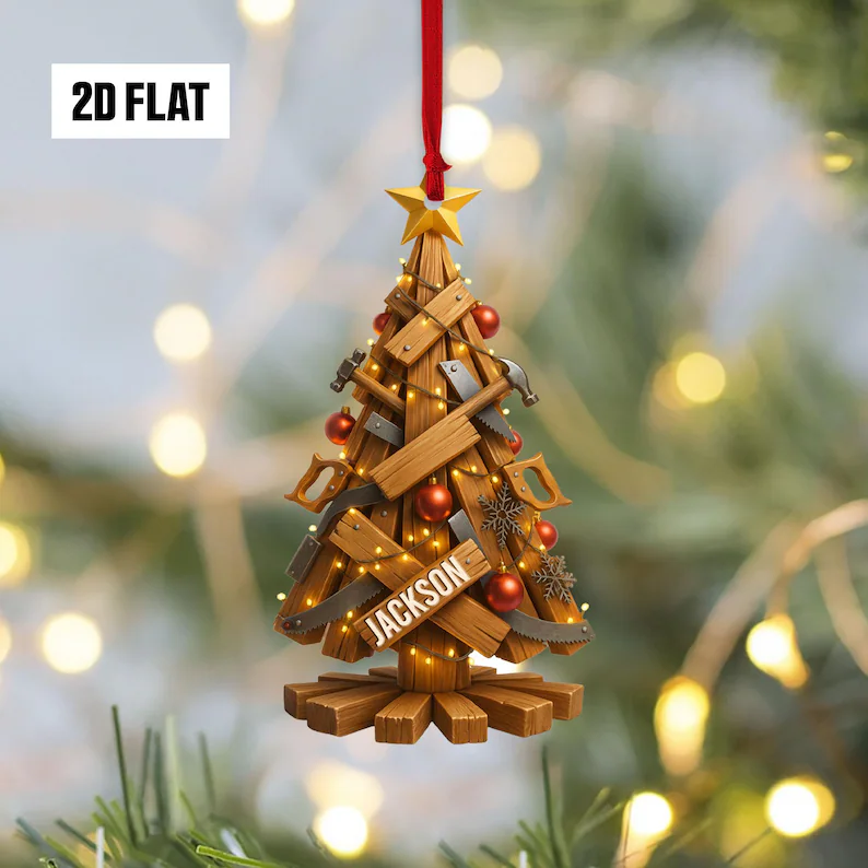 Personalized Carpenter Christmas Tree 2D Flat Acrylic Ornament, Custom Name Woodworker Gift, Unique Holiday DIY Tool Xmas Decor for Handyman