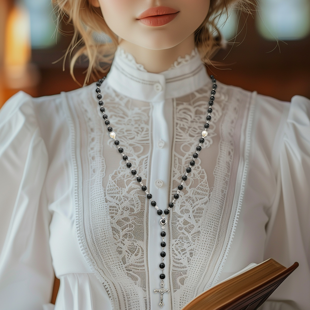 Personalized Photo Projection Multi-Color Rosary Beads Cross Necklace with Photo Memorial Gift for Women