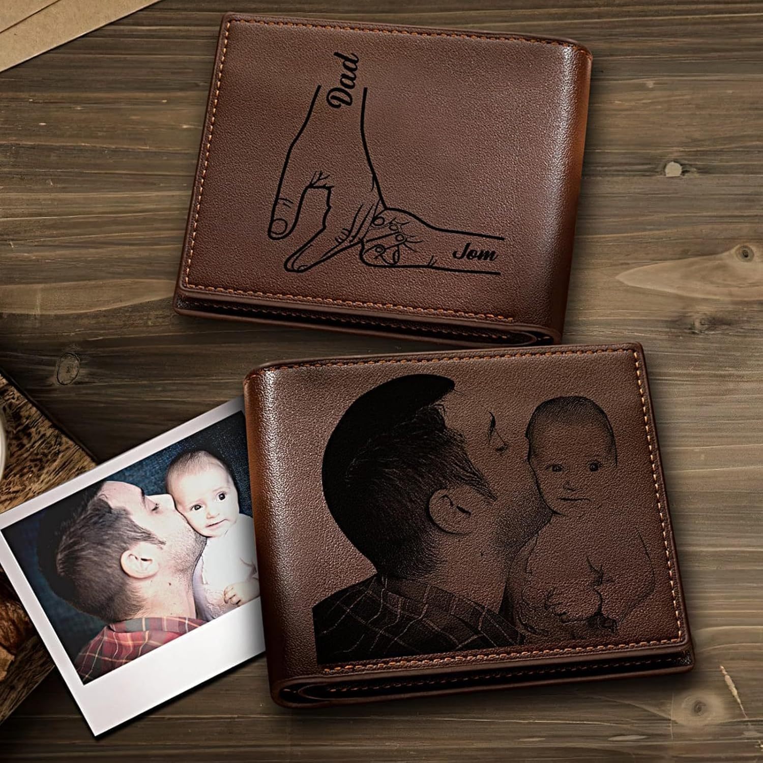 Custom Wallets for Men, Personalized Photo & Name Wallet for Men One Fist Bump Engraved Leather Wallet for Dad Husband Son BF Groomsmen Birthday Anniversary Christmas Father's Day Gifts