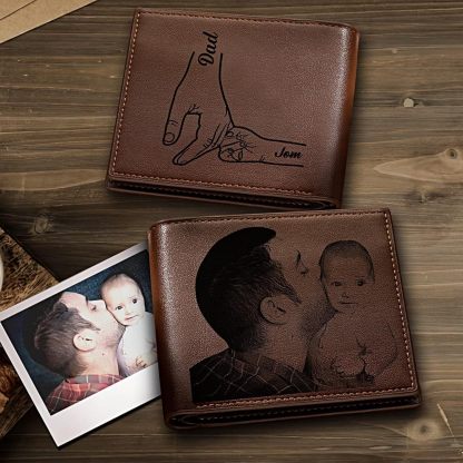 Custom Wallets for Men, Personalized Photo & Name Wallet for Men One Fist Bump Engraved Leather Wallet for Dad Husband Son BF Groomsmen Birthday Anniversary Christmas Father's Day Gifts