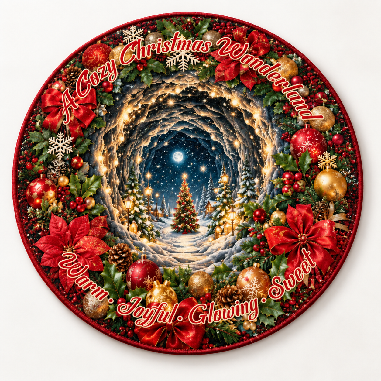 Christmas 3D Vortex Optical Illusion Round Rug Non-Slip Decorative Floor Mat, Winter Snow Forest Deer Snowman Vintage Red Truck Cabin Wreath Pattern, Indoor Holiday Home Decor Gift For Family, Christmas Enthusiasts