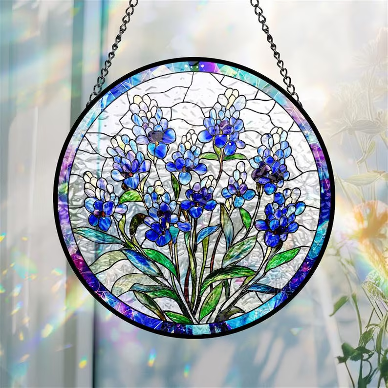 Texas Bluebonnet Suncatcher, Stained Glass Window Hanging Suncatcher, Floral Decor, Mother's Day Gift For Mom Grandma, Flowers Lover Gifts