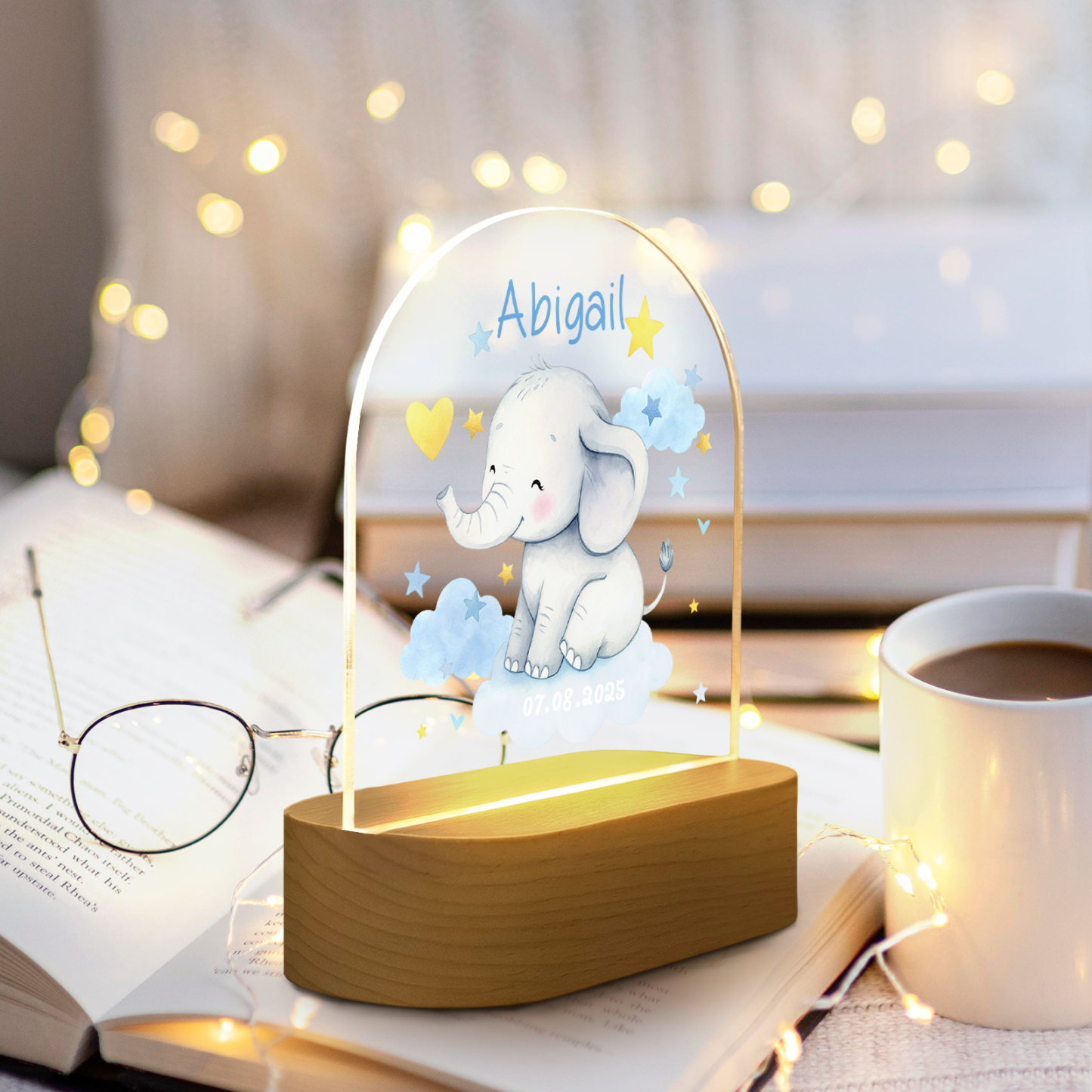 Custom Blue Elephant LED Night Light – Personalized Baby Room Gift