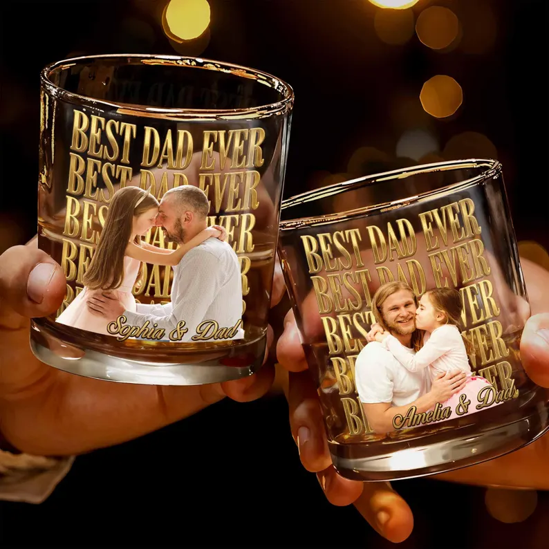 Personalized Photo Whiskey Glass 2D Flat, Best Dad Ever Custom Picture Bourbon Tumbler, Father Daughter Gift for Dad Father's Day